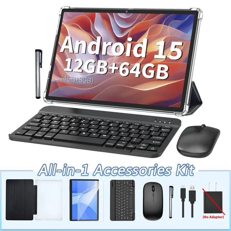 PYNAREL Android 15 Tablet 10.1", 2-in-1 Portable Device, 12GB RAM, Holiday Gift