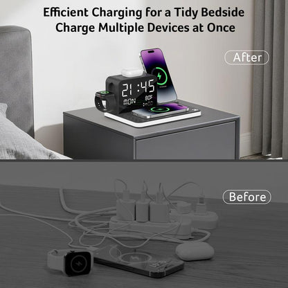 7-in-1 Wireless Charging Station with LED Night Light, Bluetooth Clock, USB-A & USB-C, Gift Ready