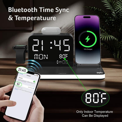 7-in-1 Wireless Charging Station with LED Night Light, Bluetooth Clock, USB-A & USB-C, Gift Ready